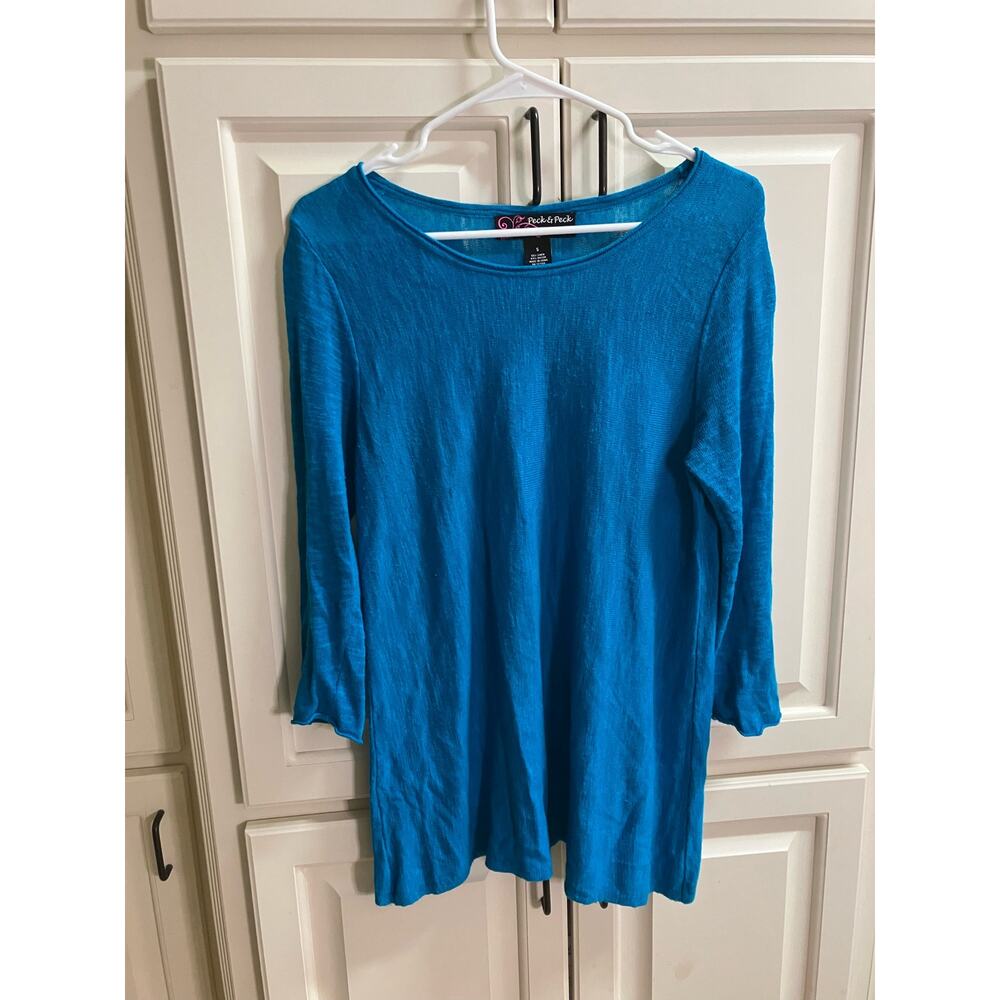 PECK & PECK Linen Blend Small Women's Top,‎ Loose fitting, Blue, Boho
